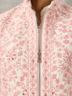 Classic White Art Silk Real Mirror Embroidery Kurta Jacket & Pant
