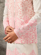 Classic White Art Silk Real Mirror Embroidery Kurta Jacket & Pant
