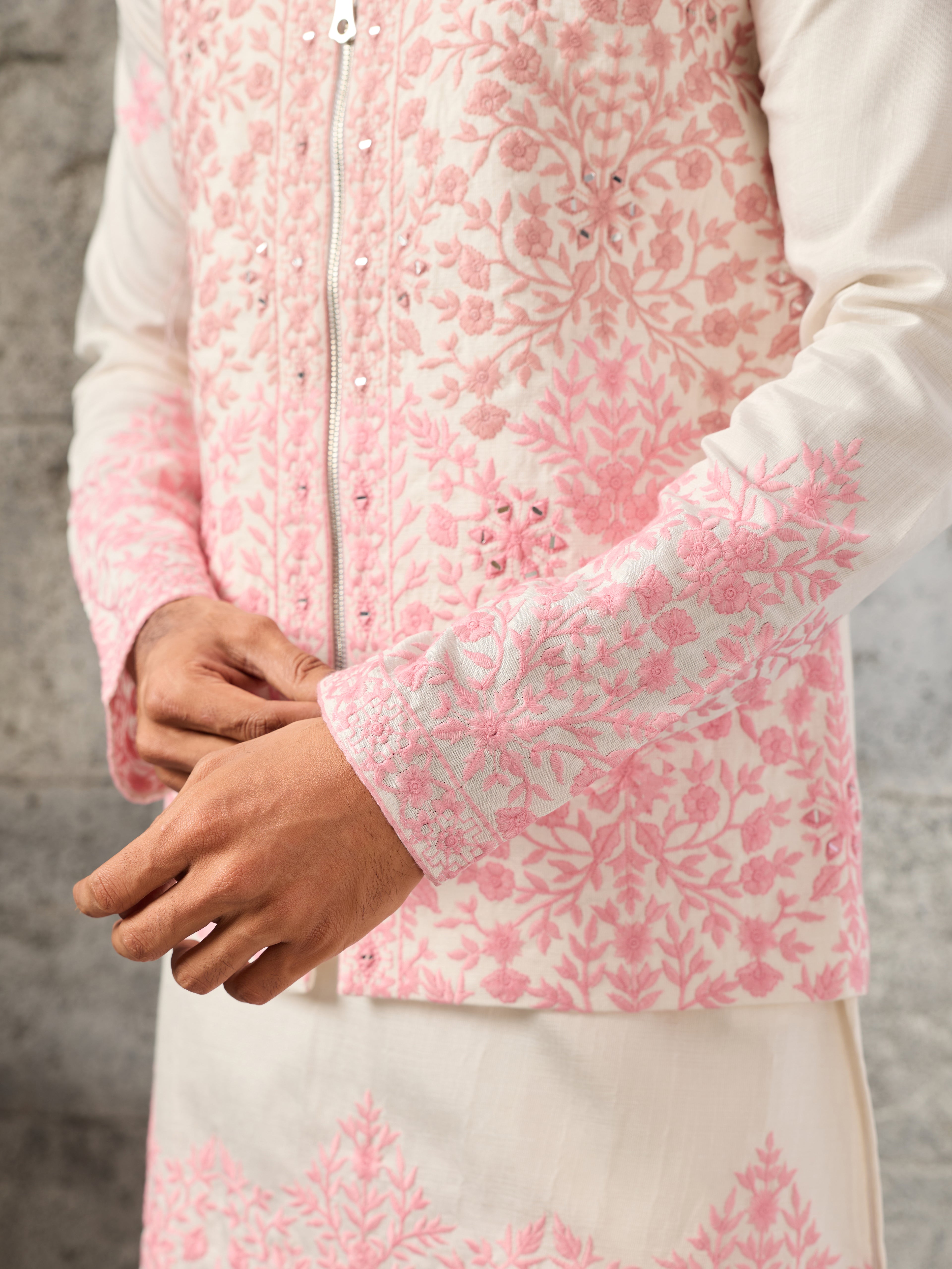 Classic White Art Silk Real Mirror Embroidery Kurta Jacket & Pant

