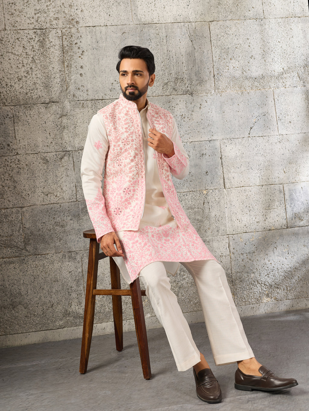 Classic White Art Silk Real Mirror Embroidery Kurta Jacket & Pant
