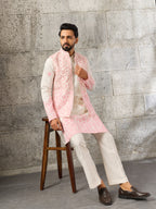 Classic White Art Silk Real Mirror Embroidery Kurta Jacket & Pant
