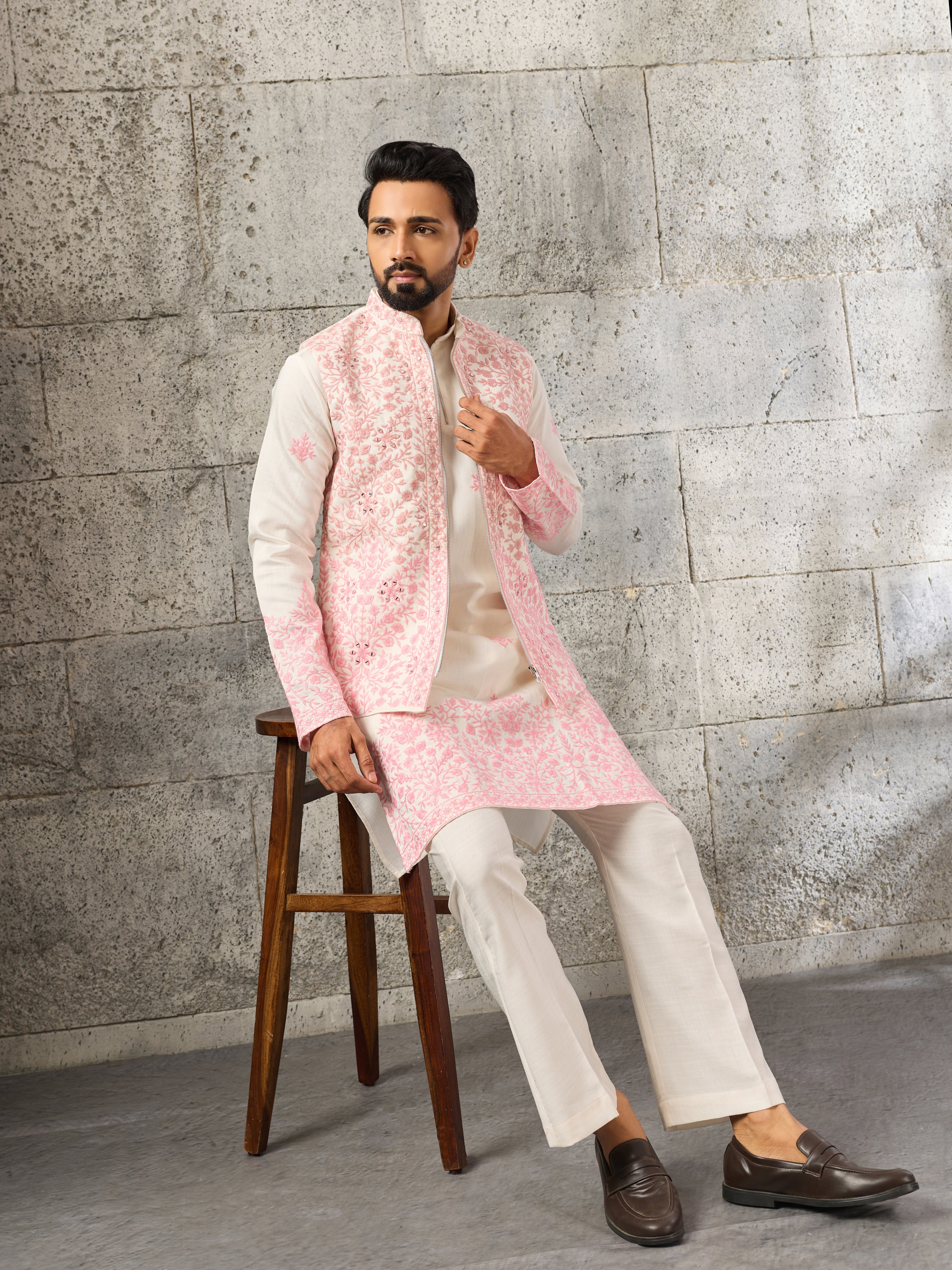Classic White Art Silk Real Mirror Embroidery Kurta Jacket & Pant
