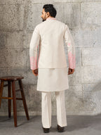 Classic White Art Silk Real Mirror Embroidery Kurta Jacket & Pant
