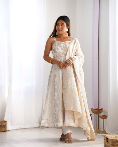 Stunning White Banarasi Jackquard Anarkali Flared Gown with Dupatta
