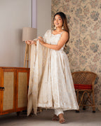 Stunning White Banarasi Jackquard Anarkali Flared Gown with Dupatta