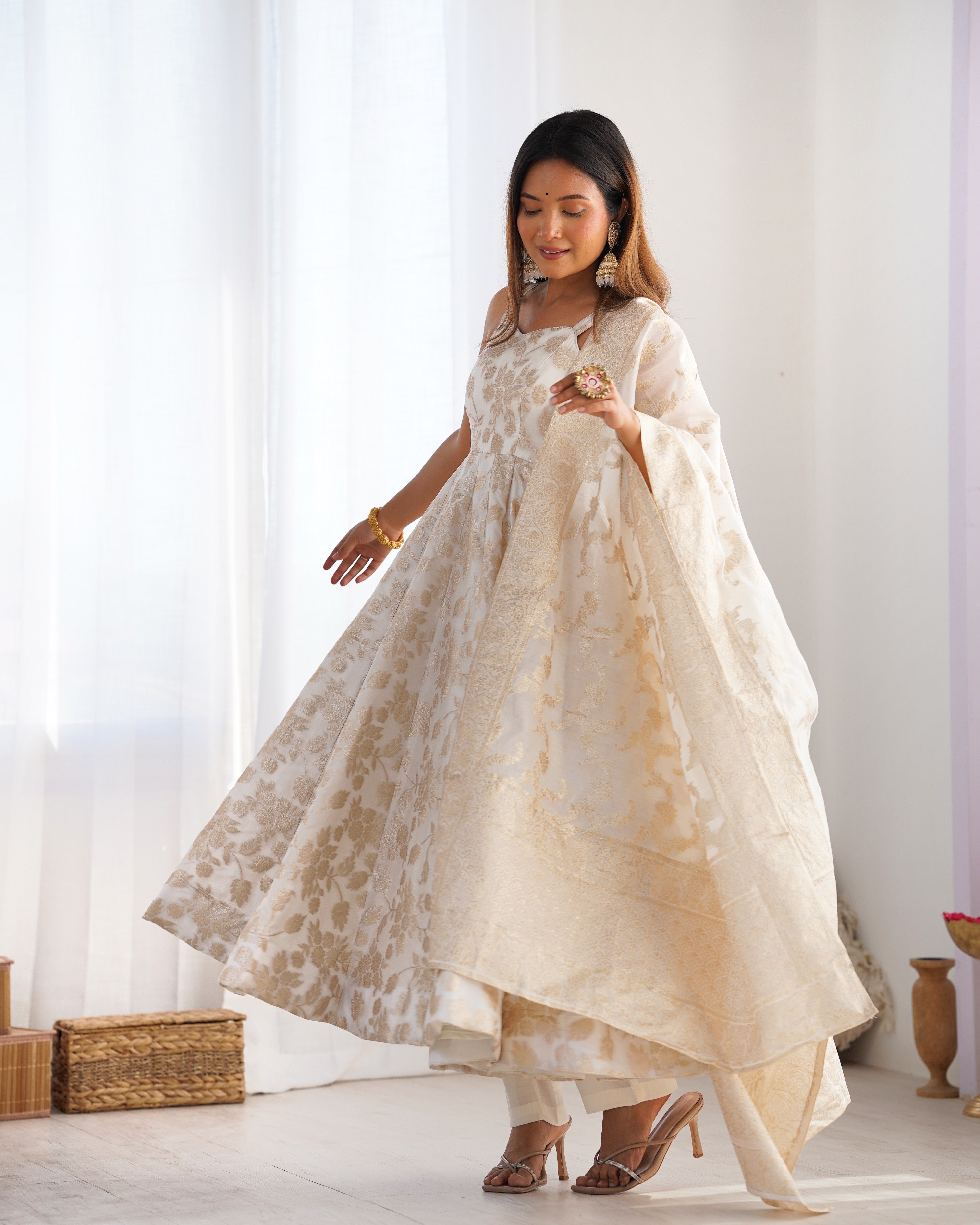 Stunning White Banarasi Jackquard Anarkali Flared Gown with Dupatta