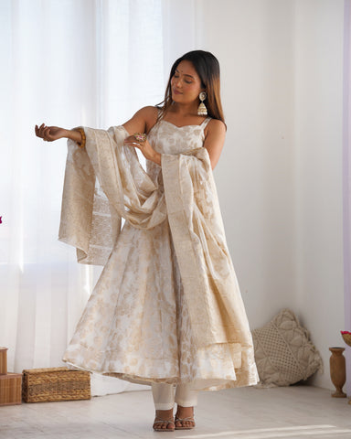 Stunning White Banarasi Jackquard Anarkali Flared Gown with Dupatta
