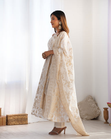 Stunning White Banarasi Jackquard Anarkali Flared Gown with Dupatta