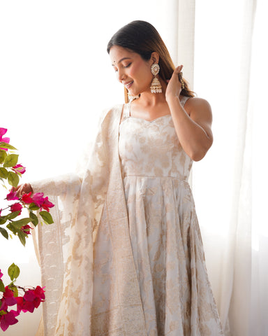 Stunning White Banarasi Jackquard Anarkali Flared Gown with Dupatta