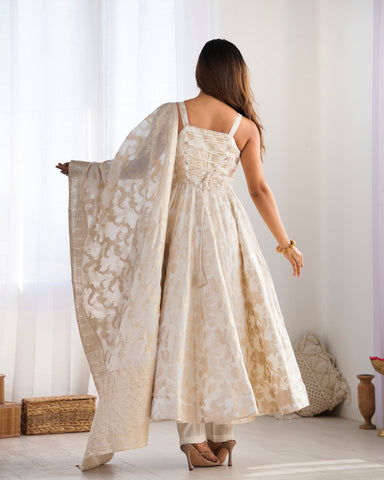 Stunning White Banarasi Jackquard Anarkali Flared Gown with Dupatta