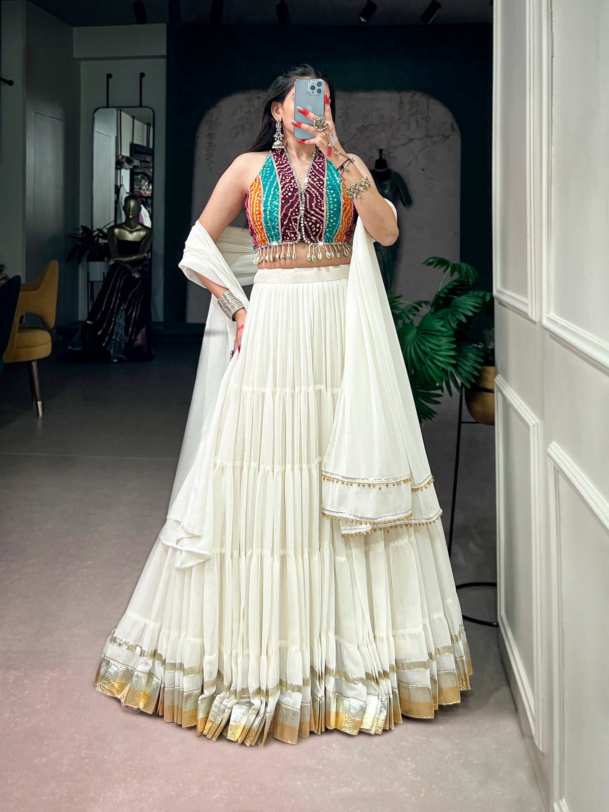 Garba White Bandhani Mirror Lehenga Set | Tulip Designer
