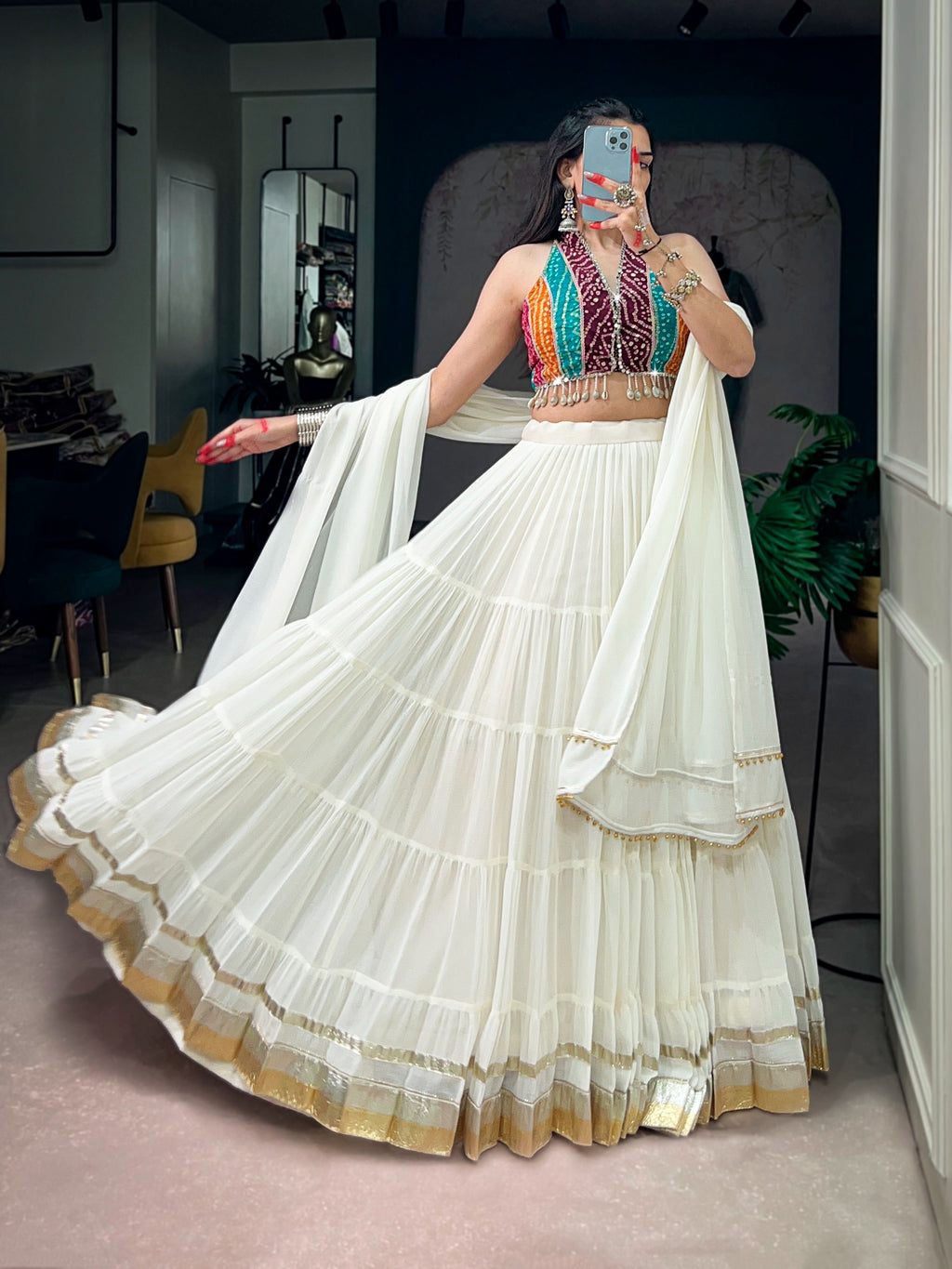 Garba White Bandhani Mirror Lehenga Set | Tulip Designer
