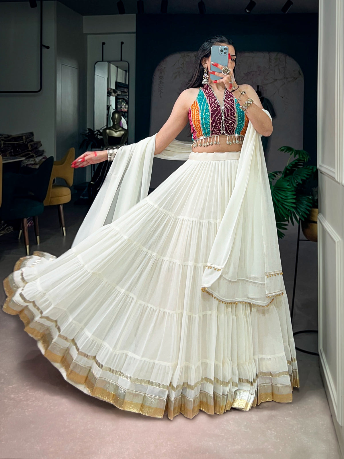 Garba White Bandhani Mirror Lehenga Set | Tulip Designer
