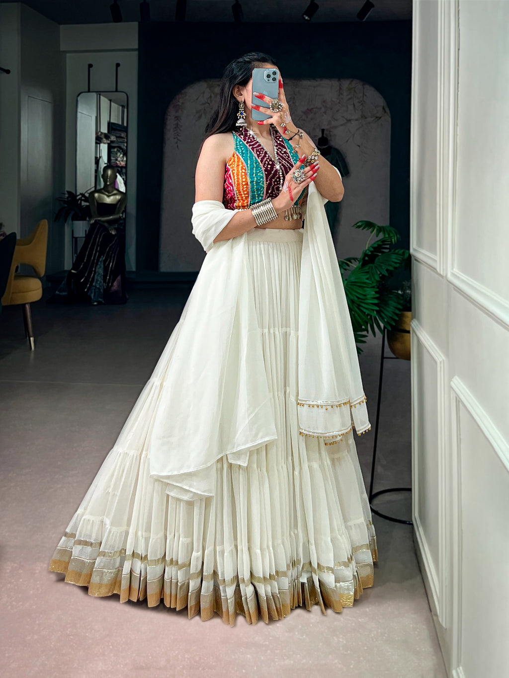 Garba White Bandhani Mirror Lehenga Set | Tulip Designer
