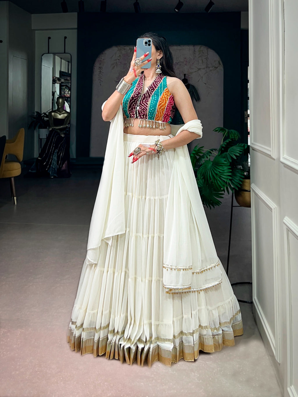 Garba White Bandhani Mirror Lehenga Set | Tulip Designer
