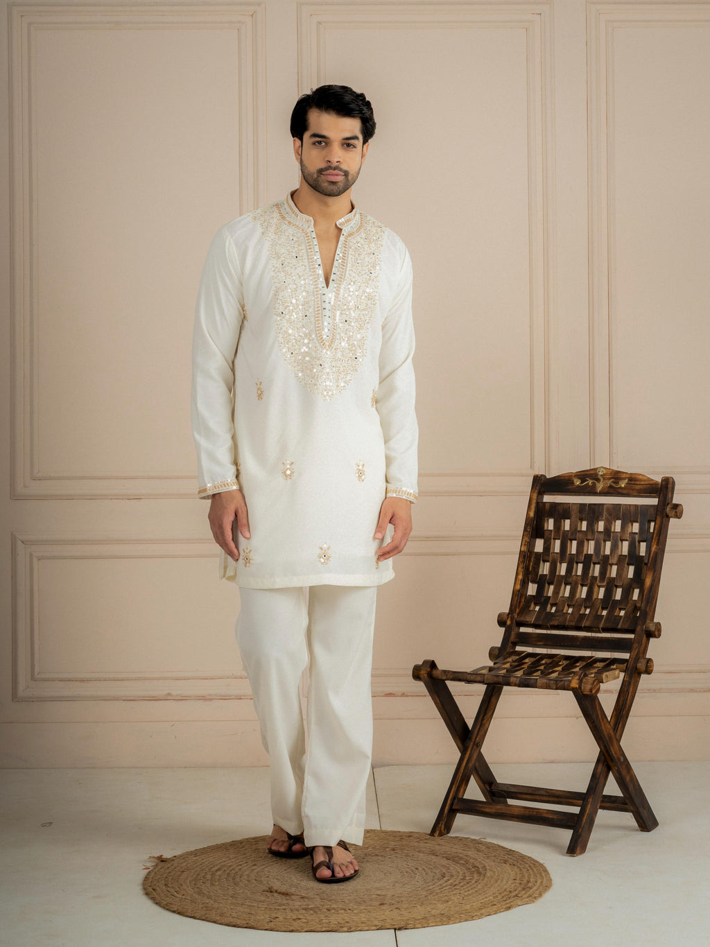Off White Japanese Lachka Embroidery Kurta Set | Tulip Designer
