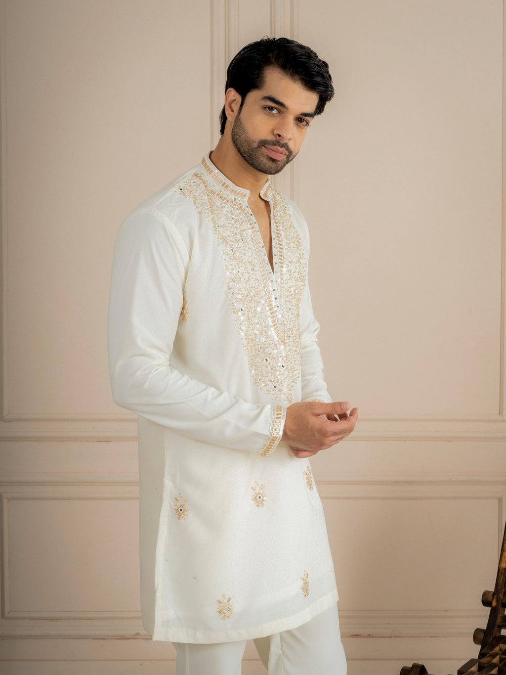 Off White Japanese Lachka Embroidery Kurta Set | Tulip Designer
