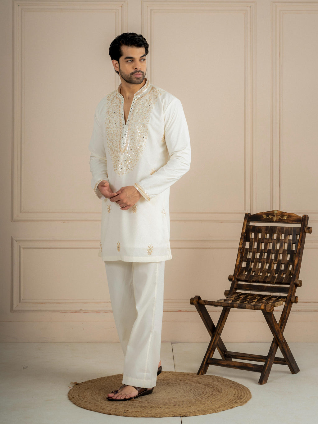 Off White Japanese Lachka Embroidery Kurta Set | Tulip Designer
