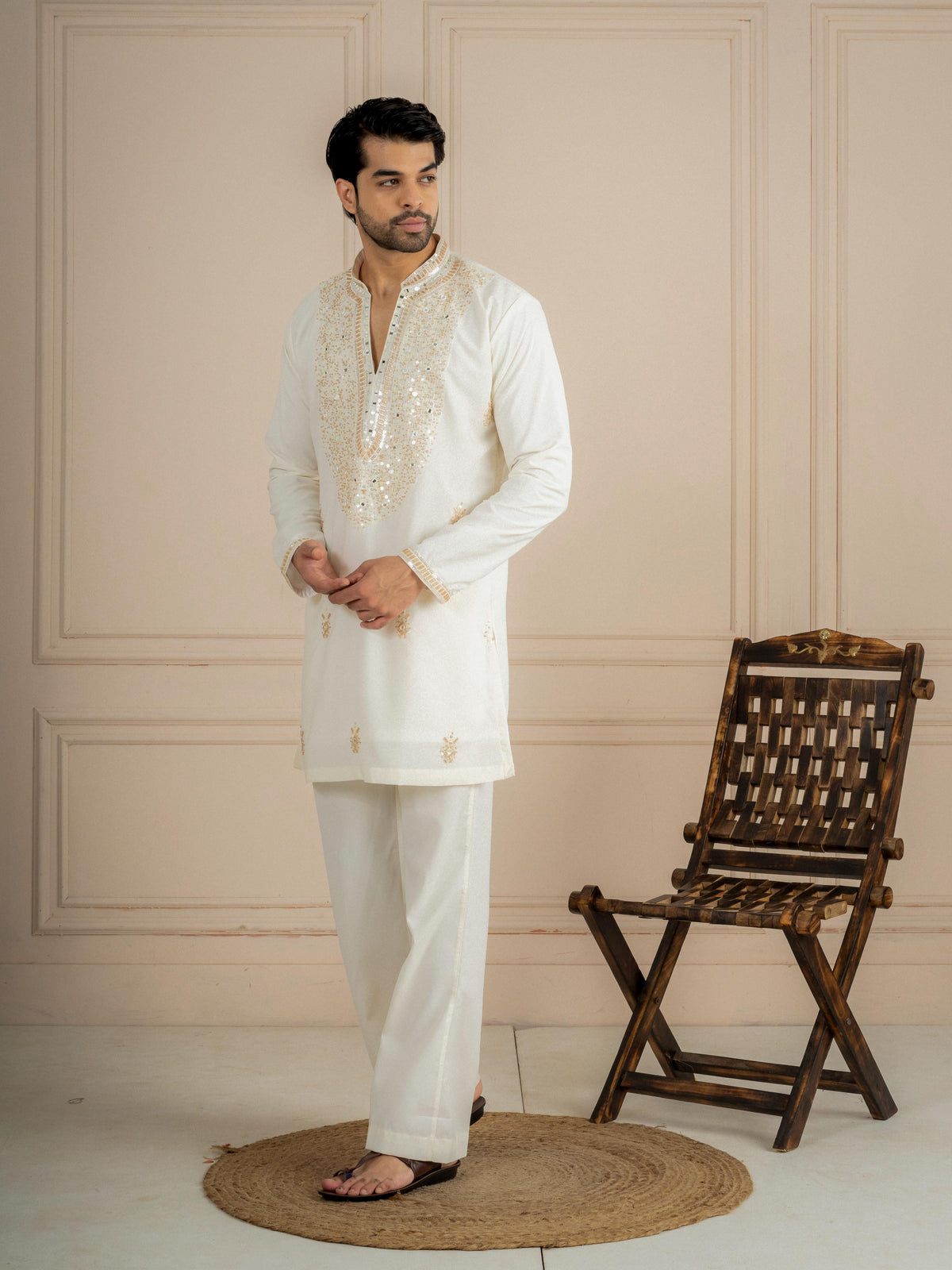 Off White Japanese Lachka Embroidery Kurta Set | Tulip Designer
