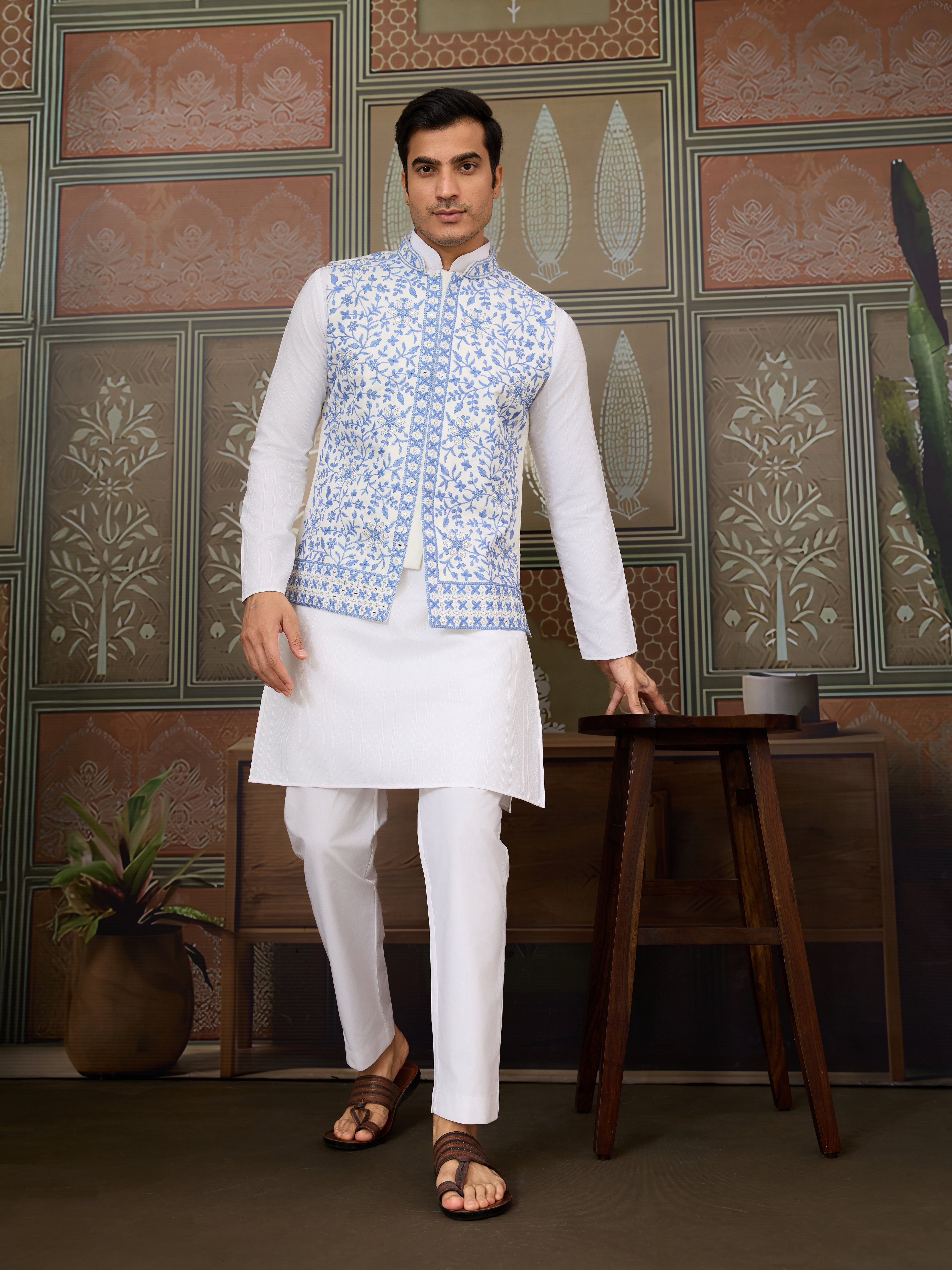 Traditional White Kurta Blue Koti Pajama for Men