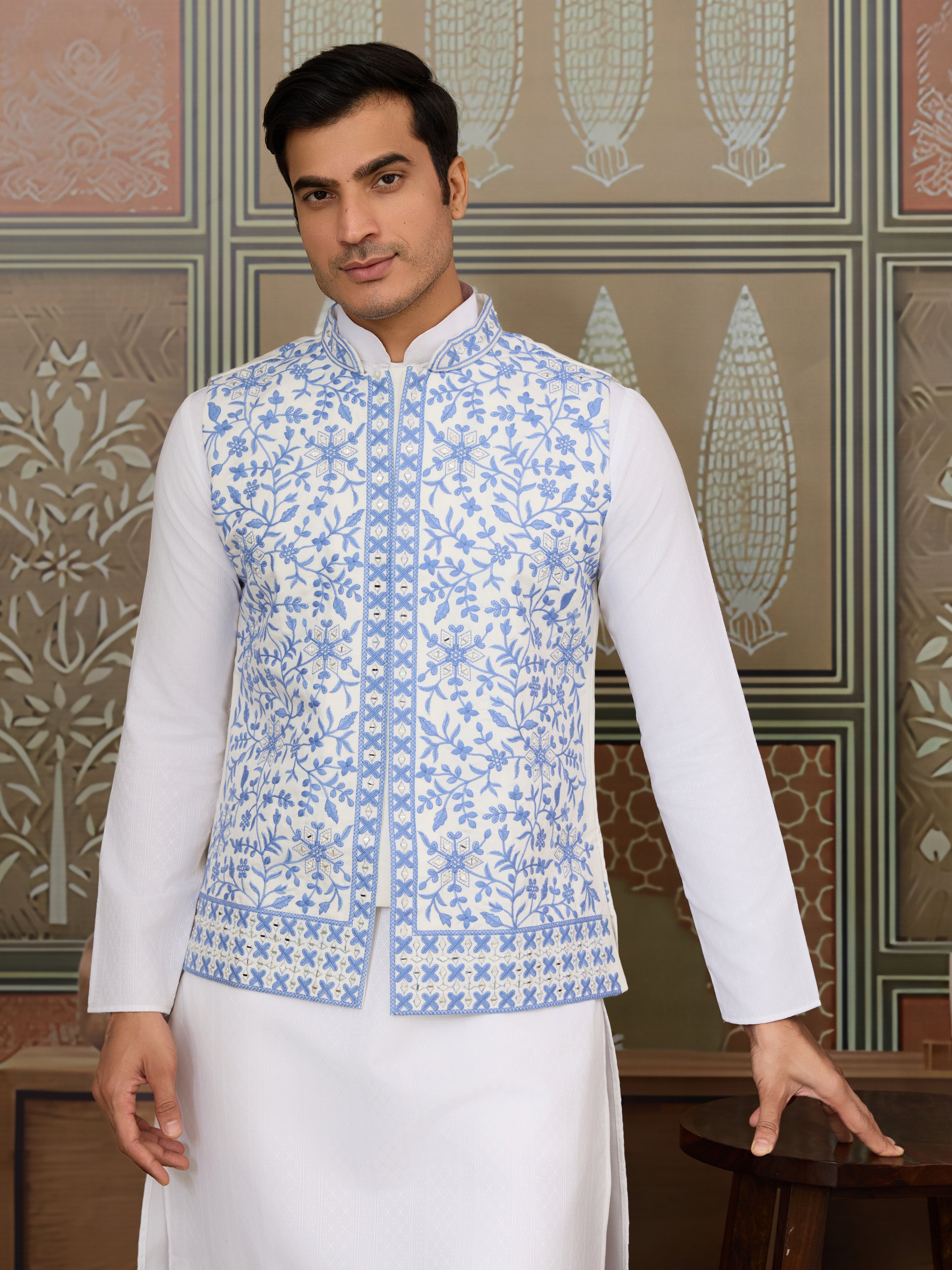 Traditional White Kurta Blue Koti Pajama for Men
