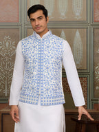 Traditional White Kurta Blue Koti Pajama for Men
