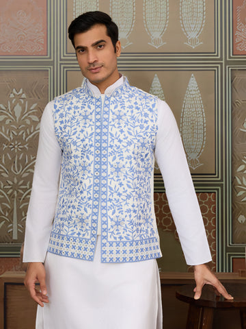 Traditional White Kurta Blue Koti Pajama for Men
