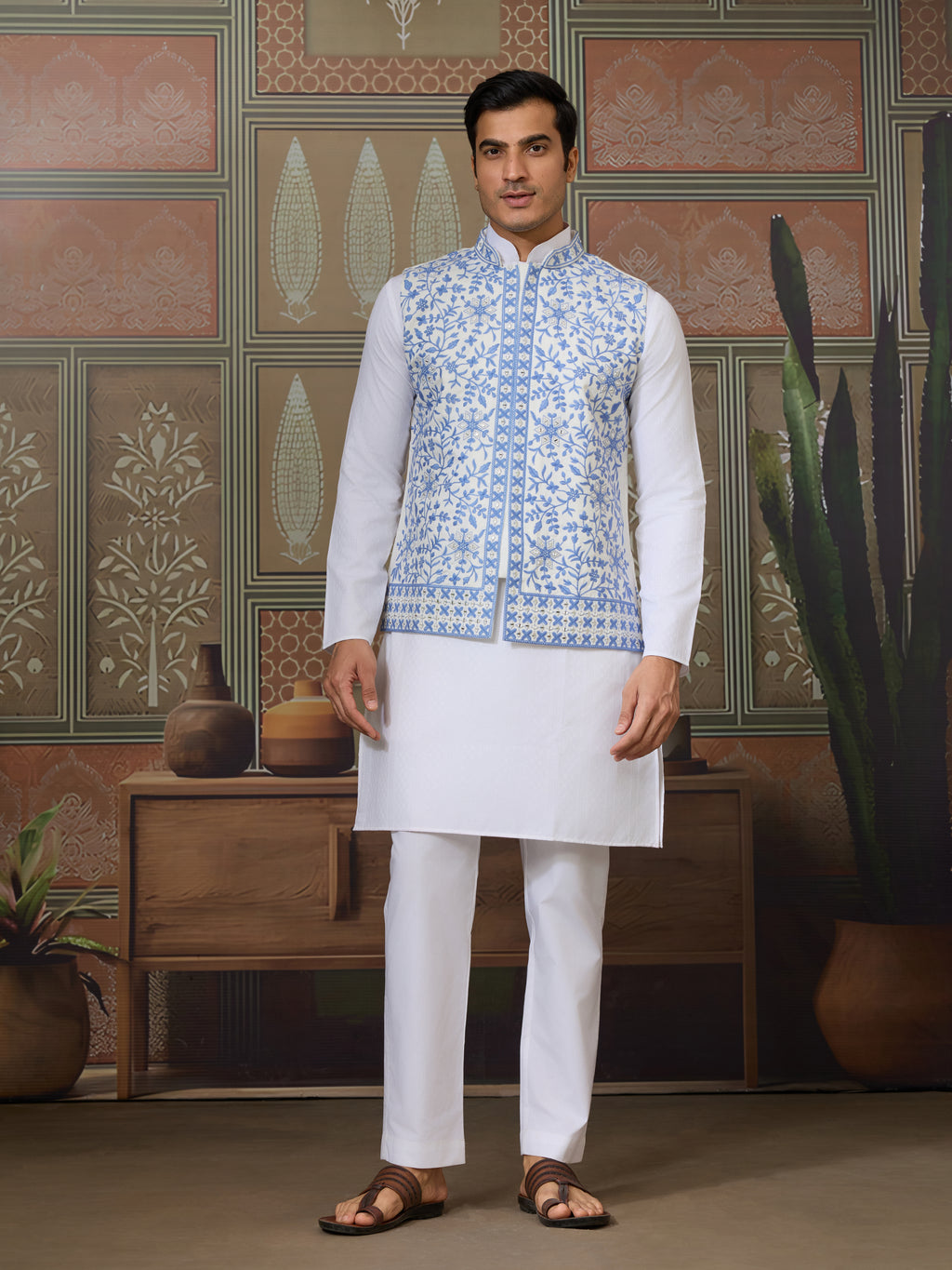 Traditional White Kurta Blue Koti Pajama for Men
