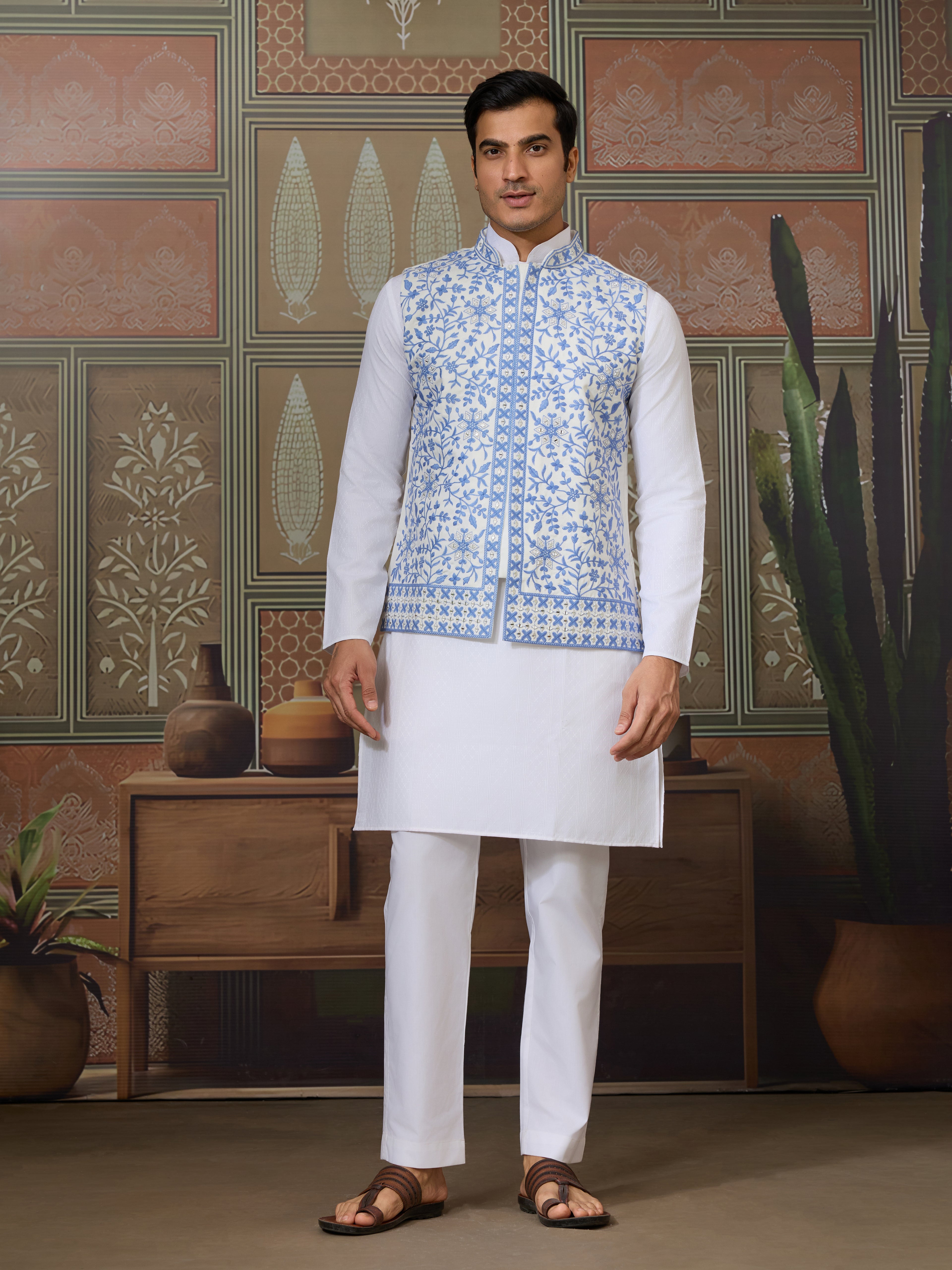 Traditional White Kurta Blue Koti Pajama for Men
