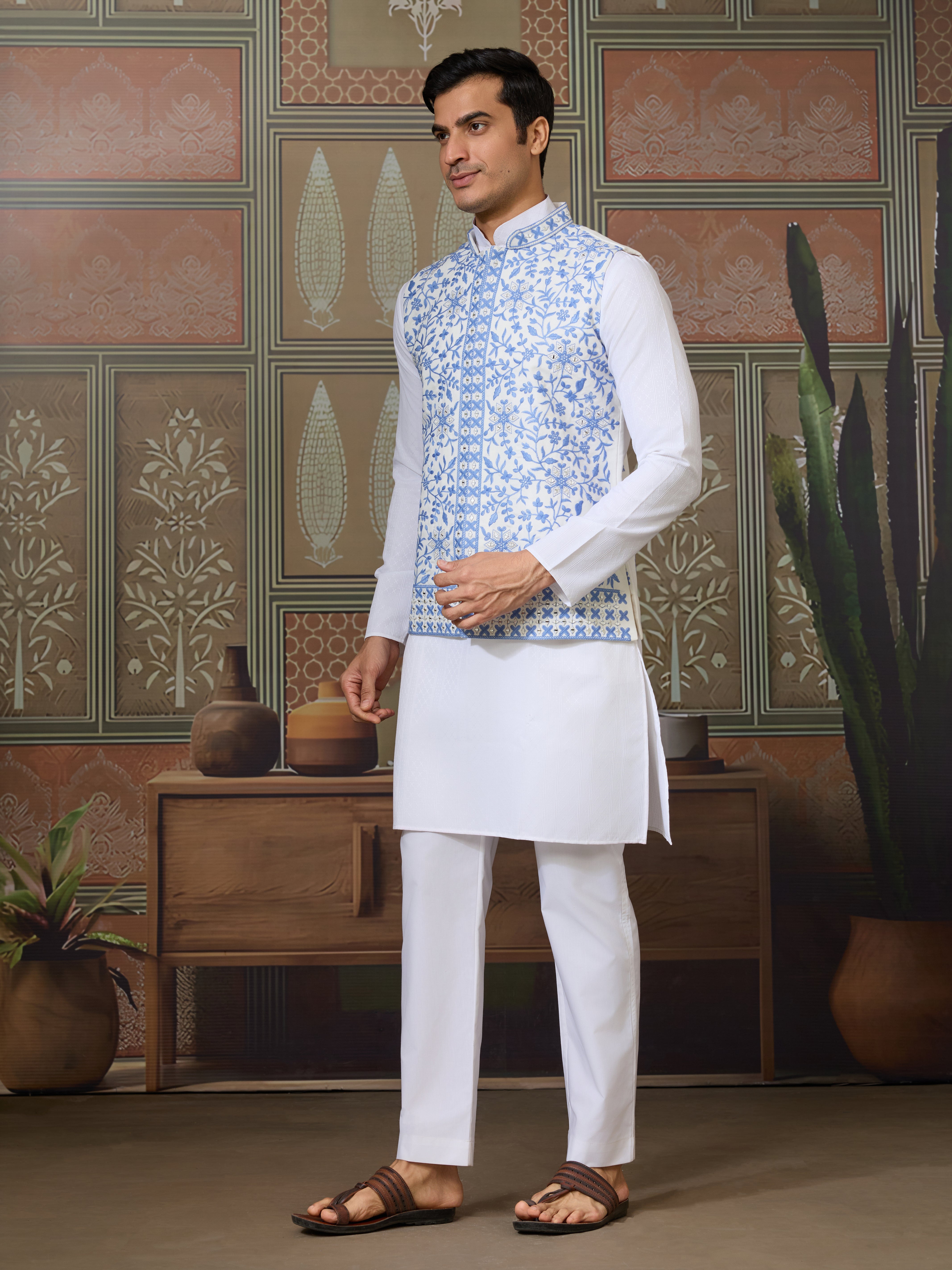 Traditional White Kurta Blue Koti Pajama for Men
