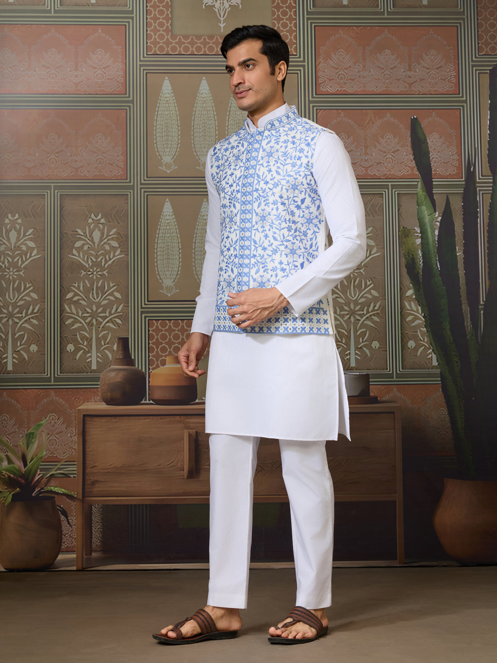 Traditional White Kurta Blue Koti Pajama for Men
