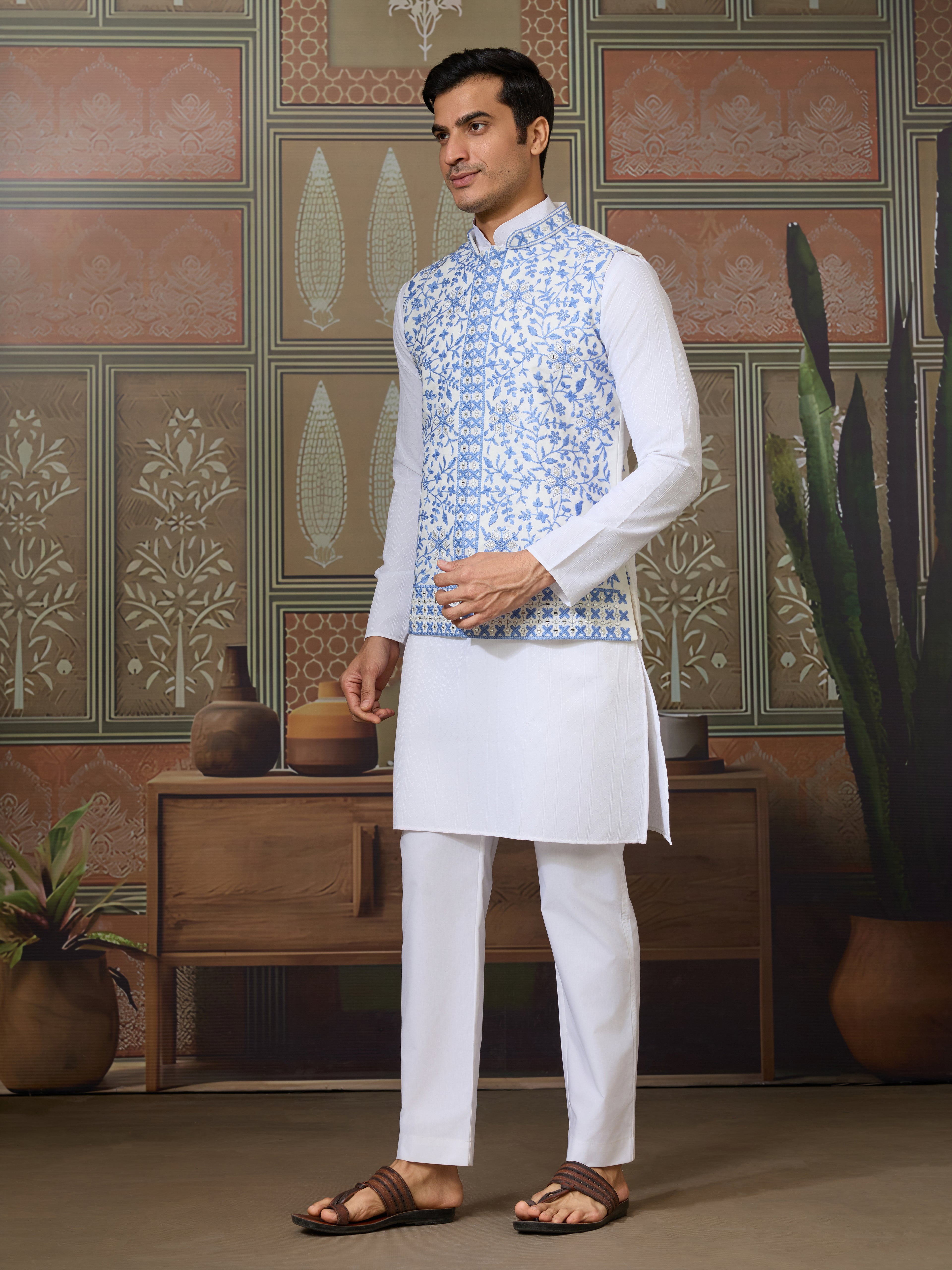Traditional White Kurta Blue Koti Pajama for Men
