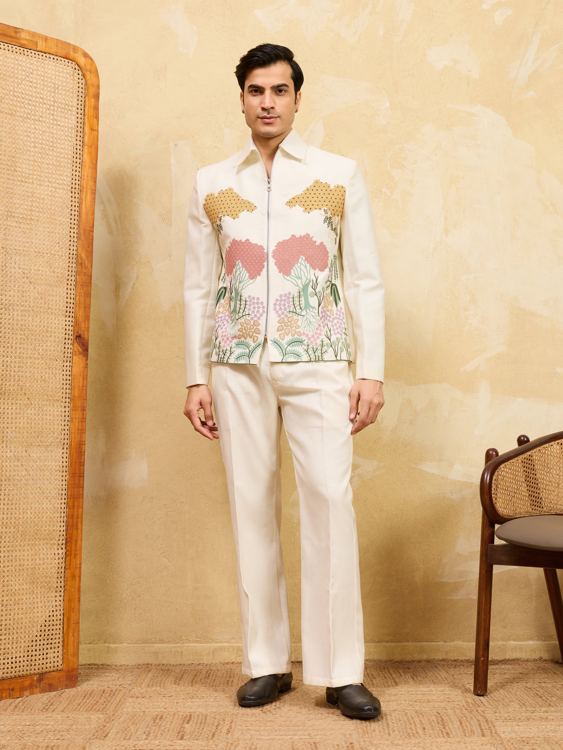 Premium White Bomber Jacket Featuring Multi Thread Sequin Work with Pant