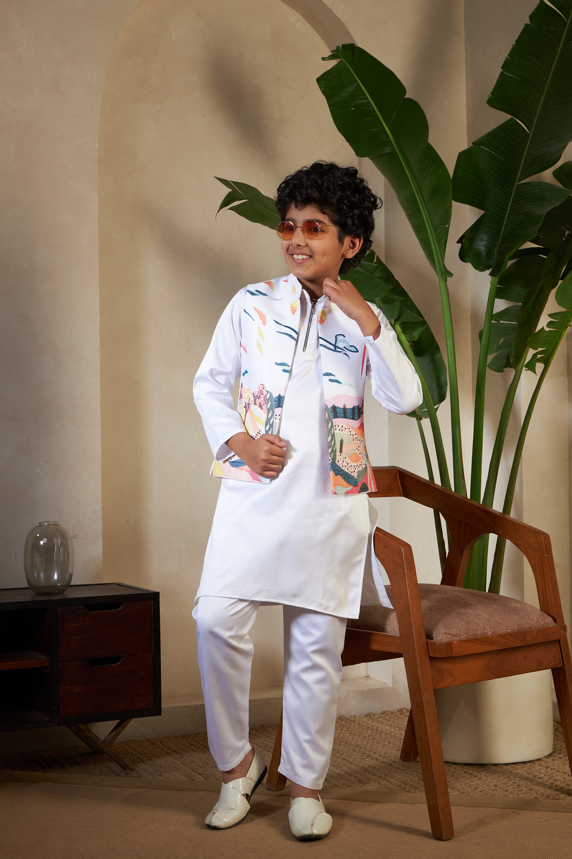 White Embroidered Carnival Kurta-Jacket Set for Boys
