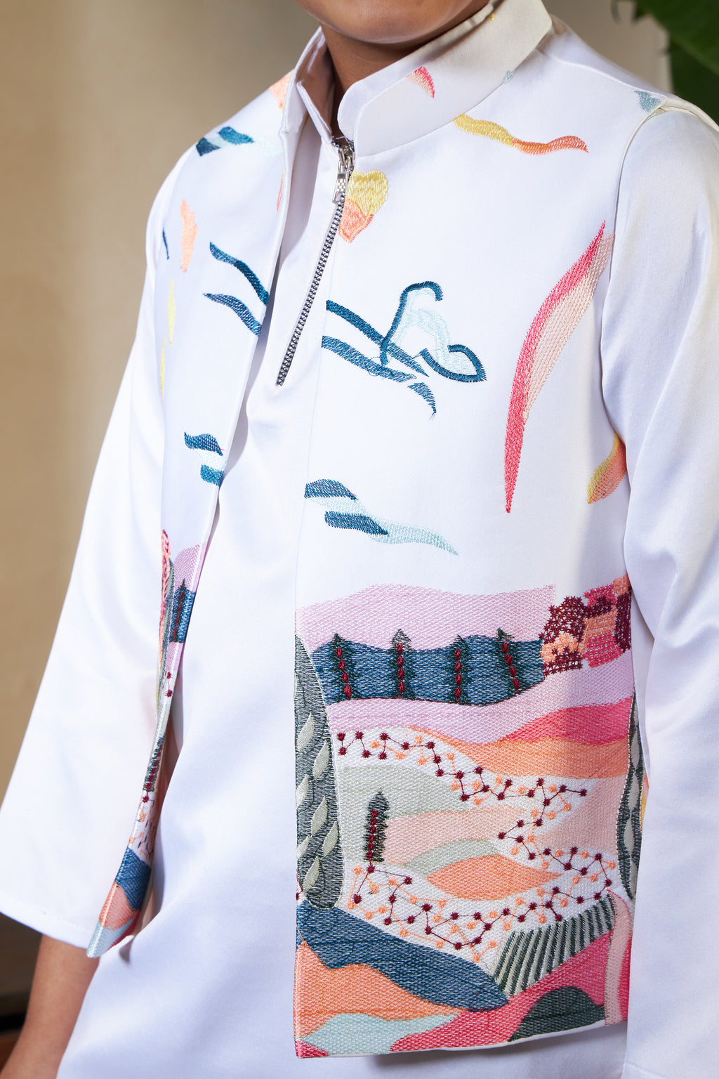 White Embroidered Carnival Kurta-Jacket Set for Boys
