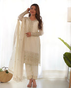 White Pure Chinon Silk Kurta Suit Set With Dupatta & Pant