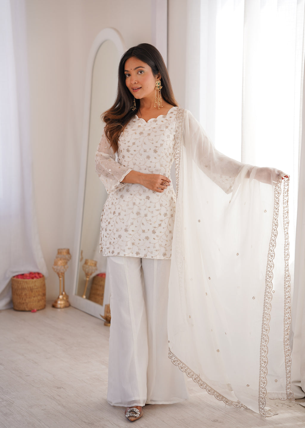 Modern White Crunchy Silk Sequence Work Kurta Bell Bottom Suit Set
