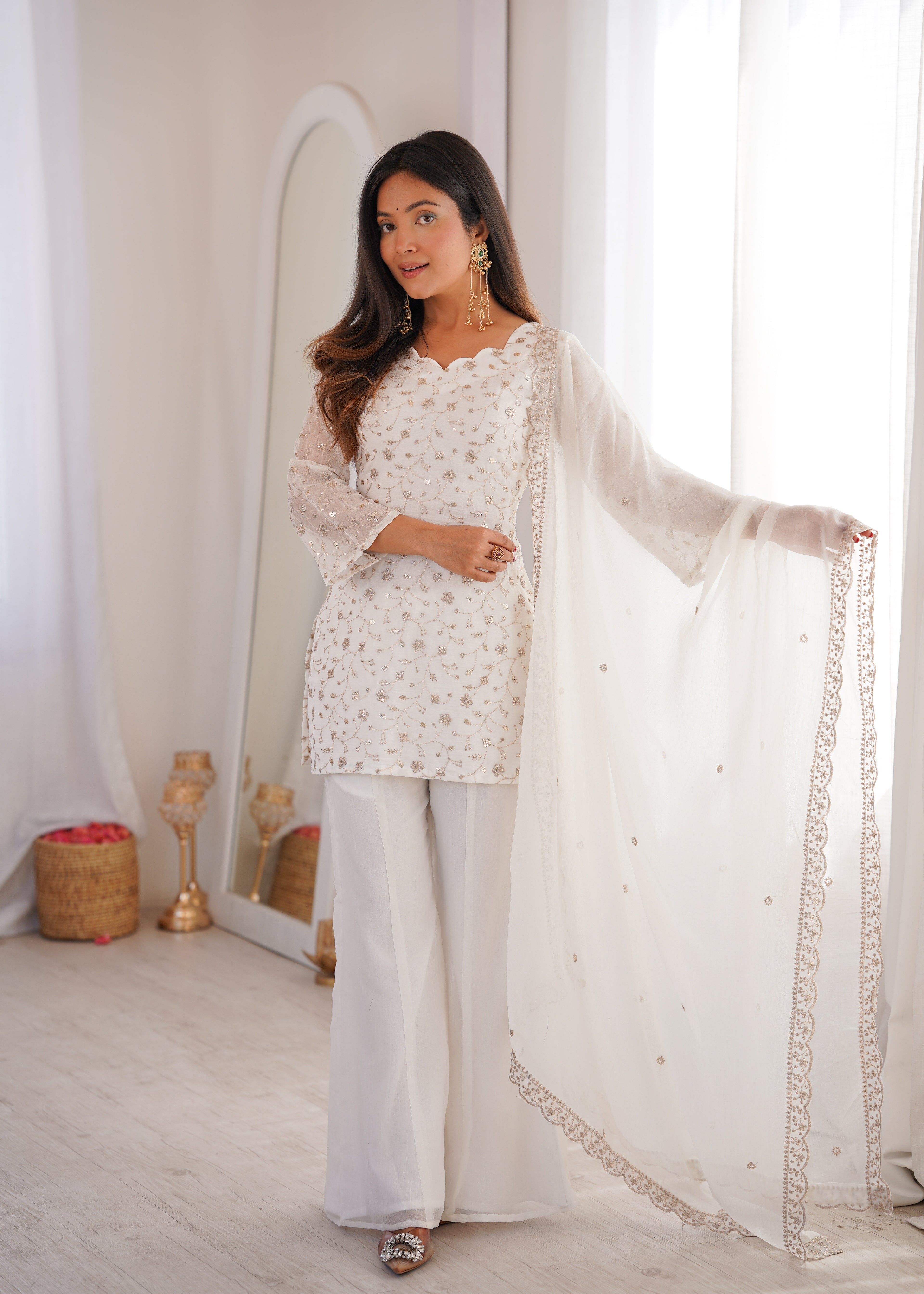 Modern White Crunchy Silk Sequence Work Kurta Bell Bottom Suit Set
