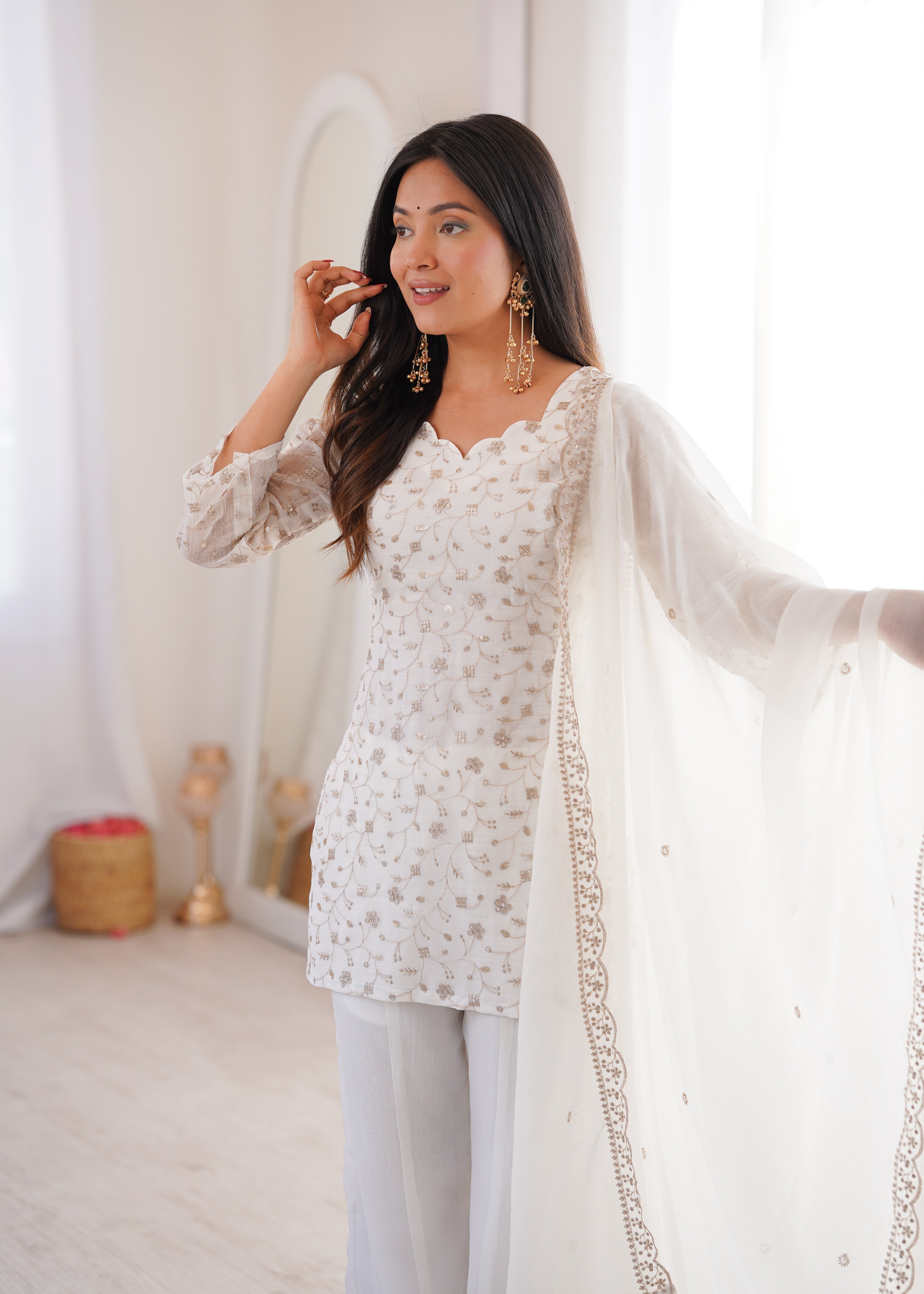 Modern White Crunchy Silk Sequence Work Kurta Bell Bottom Suit Set
