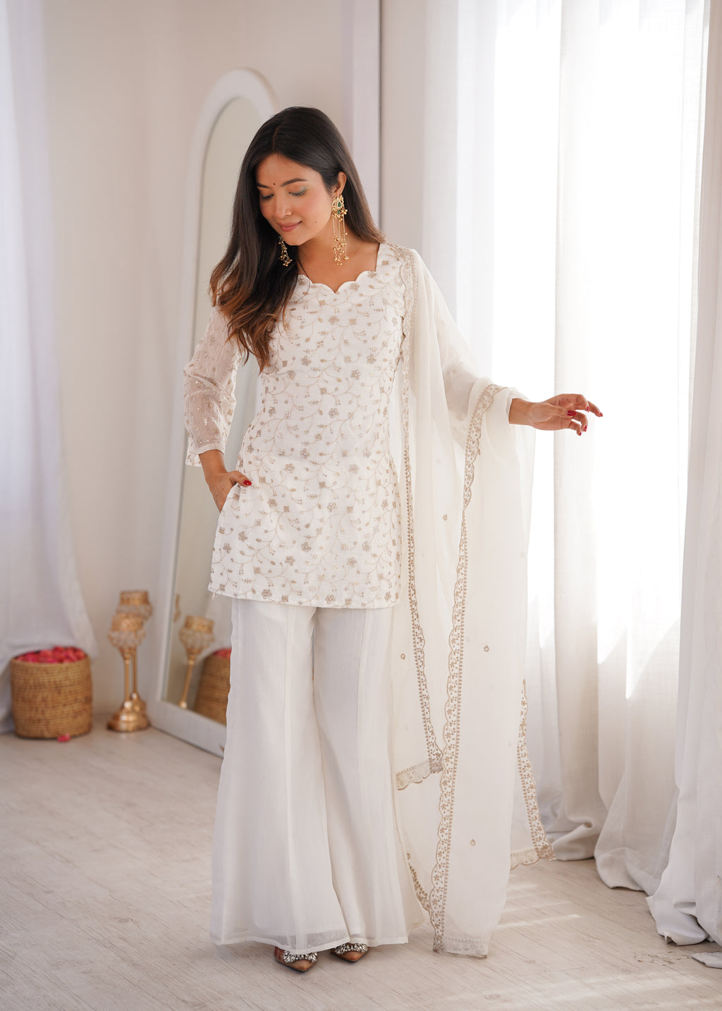 Modern White Crunchy Silk Sequence Work Kurta Bell Bottom Suit Set
