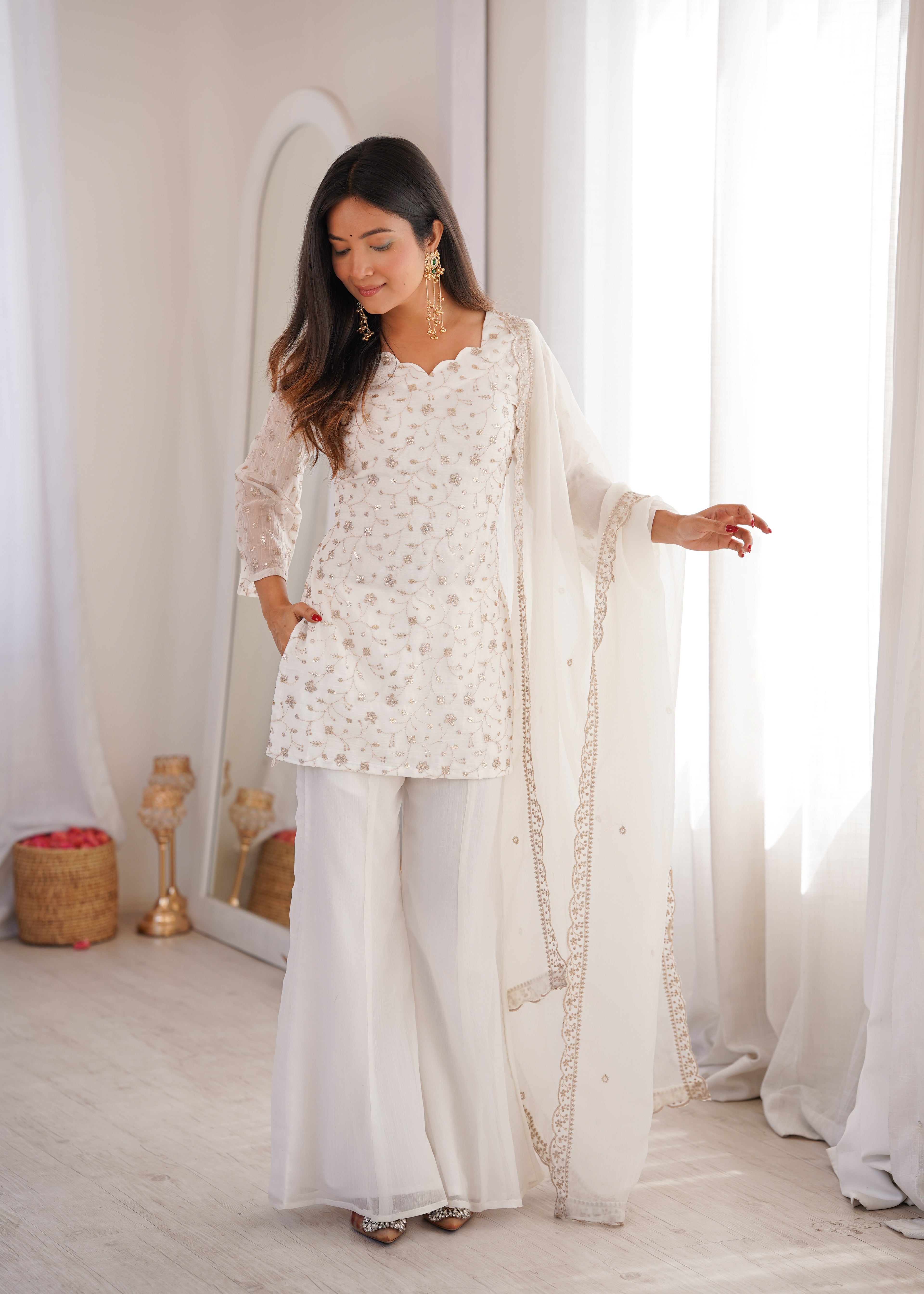 Modern White Crunchy Silk Sequence Work Kurta Bell Bottom Suit Set
