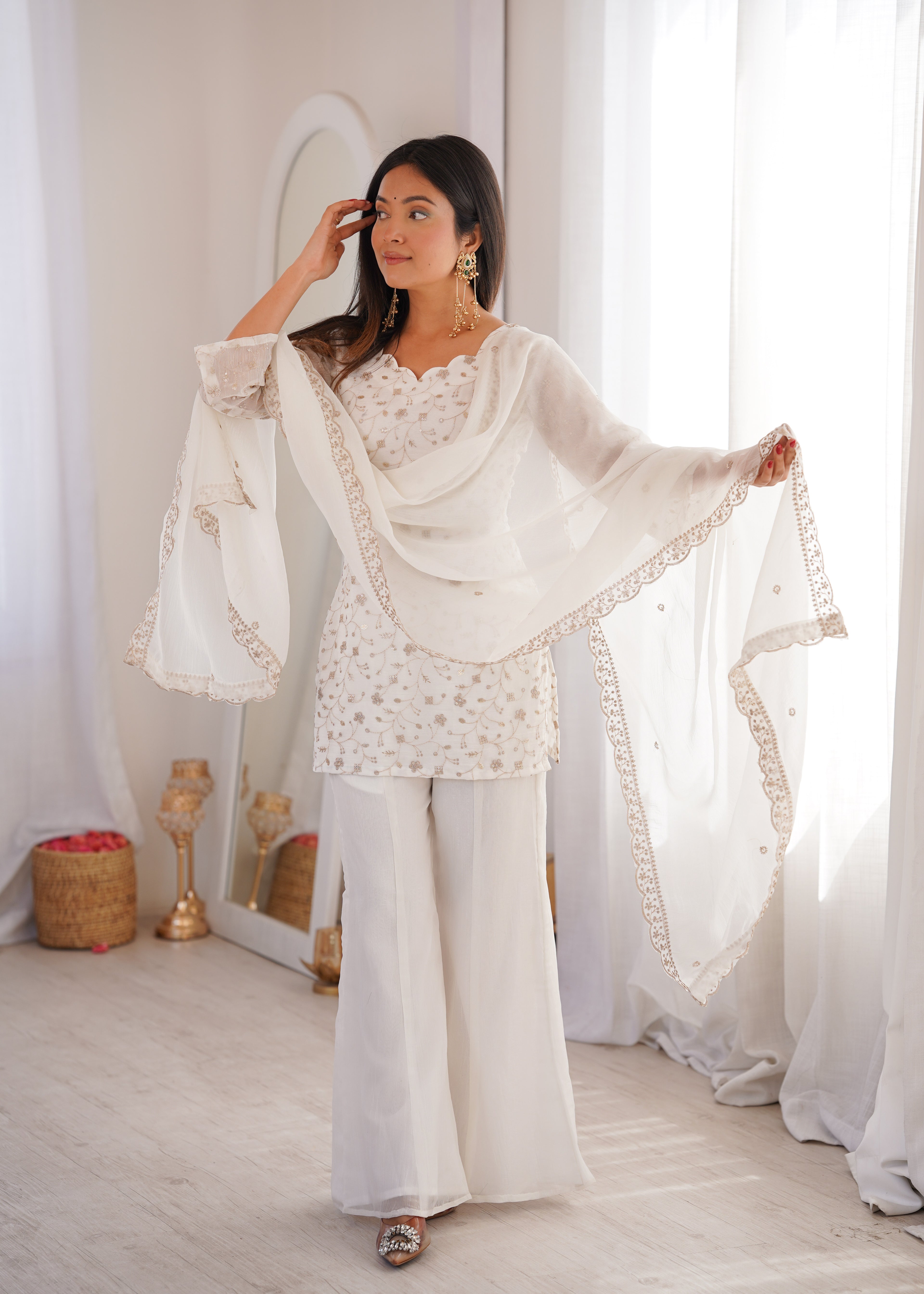 Modern White Crunchy Silk Sequence Work Kurta Bell Bottom Suit Set

