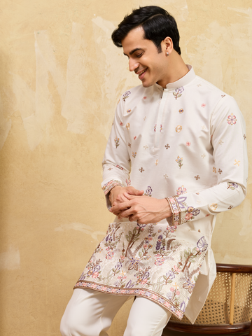 Premium White Designer Kurta Set with Detailed Embroidery