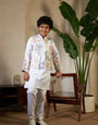 White Malai Satin Silk Embroidered Kurta with Jacket Set for Boys