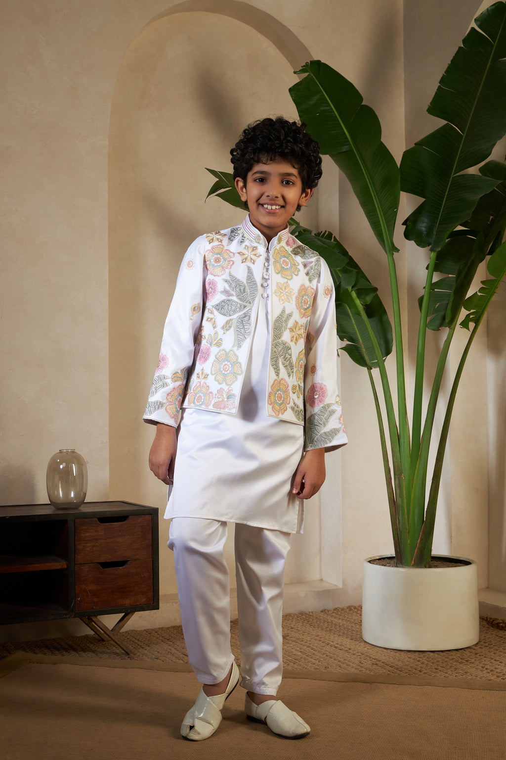 White Malai Satin Silk Embroidered Kurta with Jacket Set for Boys