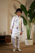 White Malai Satin Silk Embroidered Kurta with Jacket Set for Boys
