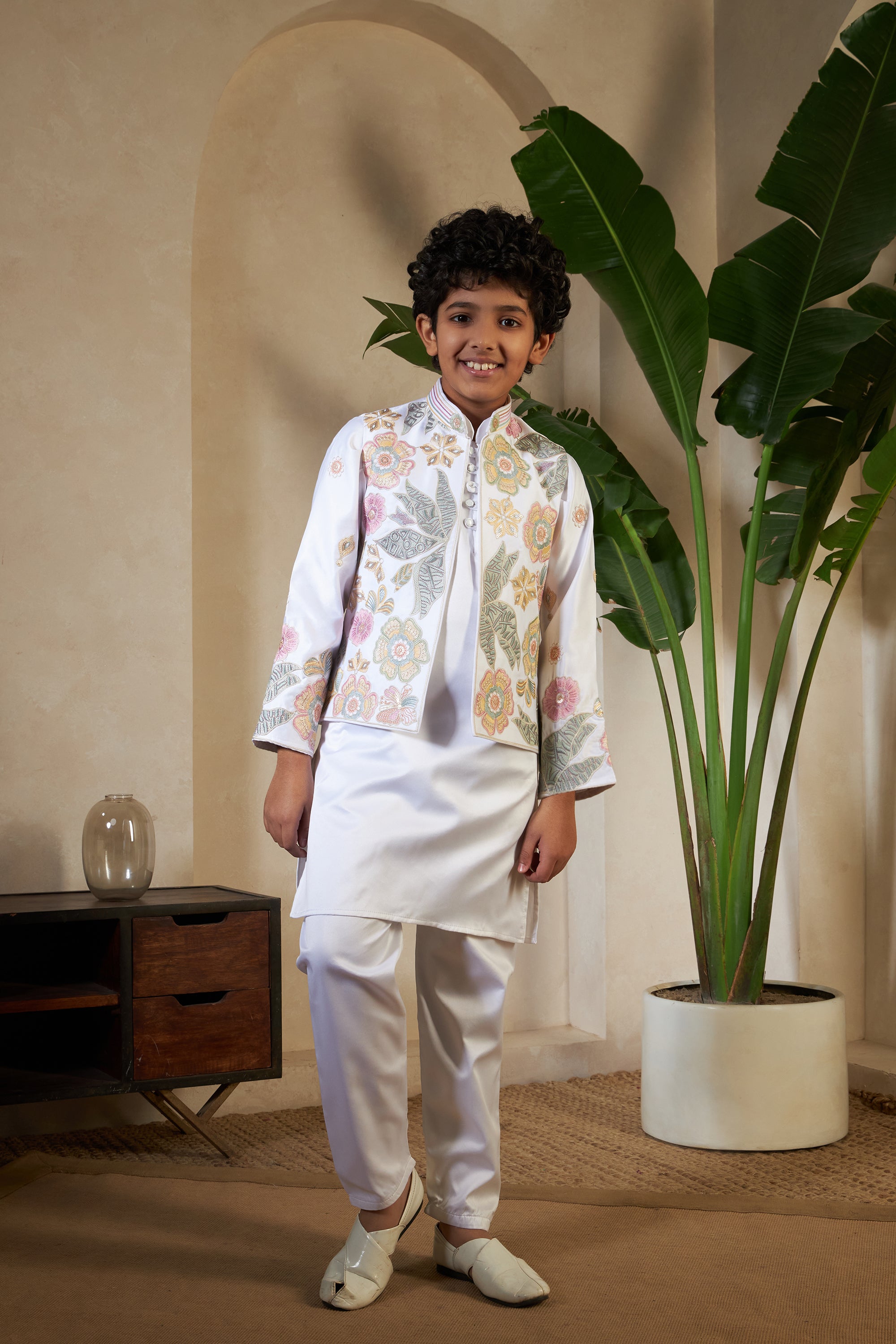 White Malai Satin Silk Embroidered Kurta with Jacket Set for Boys