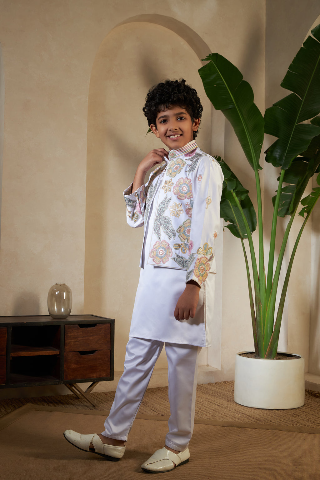 White Malai Satin Silk Embroidered Kurta with Jacket Set for Boys