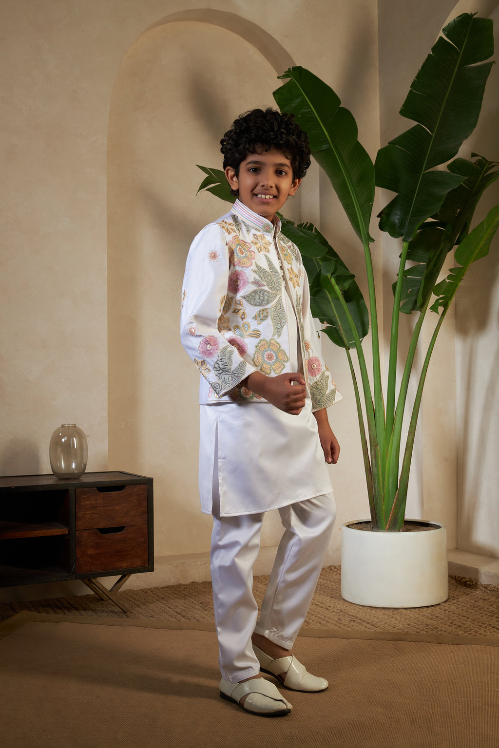 White Malai Satin Silk Embroidered Kurta with Jacket Set for Boys