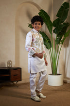 White Malai Satin Silk Embroidered Kurta with Jacket Set for Boys